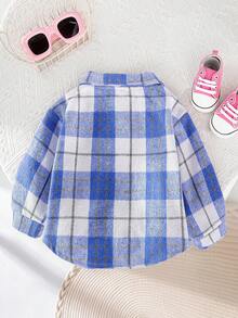 SHEIN Baby Girl In Spring And Autumn, Fashionable, Simple, Retro, Versatile Rose Red Plaid Wool Warm Long-Sleeved Lapel Button-Up Shirt Jacket, Daily Wear, Must-Have - Blue - View 2