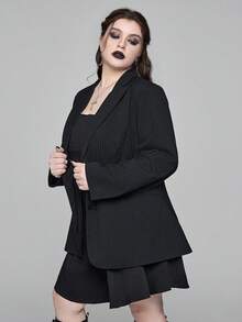 ROMWE Plus Size Gothic Vertical Striped Fitted Blazer - Black - View 6