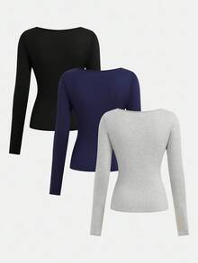 Girlism Bộ 3 áo thun dệt kim dài tay cổ tròn màu trơn dễ phối đồ cho nữ tuổi teen, thích hợp mặc mùa thu/đông. - Nhiều màu - Xem 2