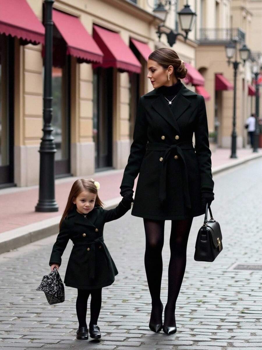 SHEIN Baby Girl Elegant Black Blazer Jacket, Cute Autumn/Winter Mommy And Me Matching Outfits Fall