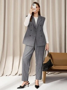 Auralis 大码女装秋冬时尚休闲宽松舒适日常通勤复古深灰色马甲西装外套和紧身裤套装，工作服，秋季服装，老钱风格，商务休闲 - 灰色 - 查看 4