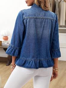 EMERY ROSE Women's Casual Washed Denim Jacket With Ruffle Hem,New Denim Jacket For Autumn And Winter, Romantic Ruffled Waist Denim Short Jacket