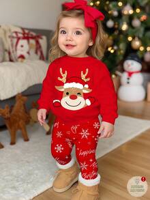 SHEIN 女婴圣诞可爱卡通鹿休闲针织柔软厚圆领长袖运动衫和雪花印花打底裤套装，适合秋冬季 - 彩色 - 查看 1