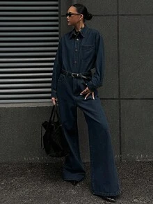 DAZY 女士休闲口袋衬衫和阔腿牛仔裤套装，秋季 - 藍色 - 查看 8