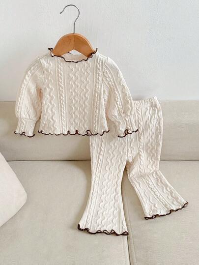 SHEIN Babygirl Autumn/Winter Cute Apricot Ruffle Trim Long Sleeve Top And Elastic Waist Flare Pants Set Baby Knitted Outfit Baby Set Autumn Winter Season Cream Baby Girl Outfit Baby Bell Bottom Outfit Knit Two Piece Toddler Fall