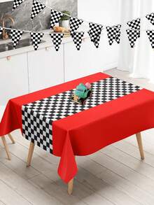 3pcs Racing Car Themed Tablecloth, Red Background Black And White Checkered Rectangular Racing Track PE Table Cover, Game Sport Events Race Car Theme Birthday Party Decor Party Supplies,Racing Birthday Party Decoration,Home Decor Table Decor