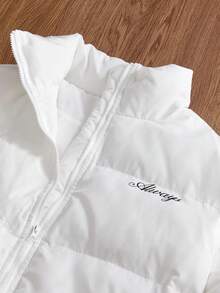 Manfinity Unisex 男士字母印花拉链长袖羽绒服，适合冬季穿着，情侣款 - 白色 - 查看 4