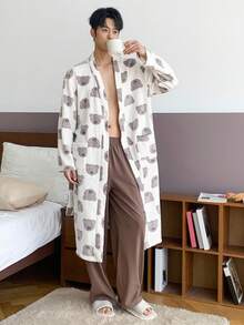 DAZY 男士白色提花绒面印花浴袍，秋冬季，舒适保暖 - 白色 - 查看 3