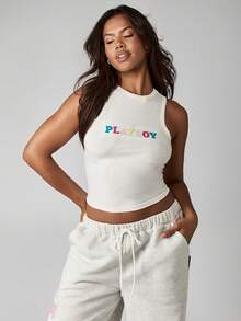 Missguided x Playboy Áo ba lỗ chữ cầu vồng phong cách cổ điển bằng cotton với thiết kế không tay cổ cao hoàn hảo cho bộ sưu tập trang phục dạo phố mùa hè thường ngày Áo crop top cơ bản - trắng - Xem 4