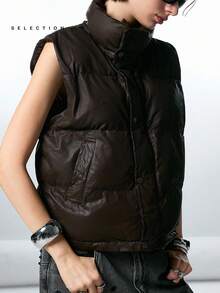 LYSMO SELECTION 2025 New Minimalism Dark Brown Autumn Casual Occasion Women Solid Color Sleeveless Stand Collar Winter Coat Warm Stockholm Style Streetwear - Brown - View 5
