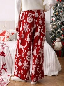 Louniche Women's Loose Fit Christmas Fuzzy Snowflake & Deer Print Pants - Red - View 3