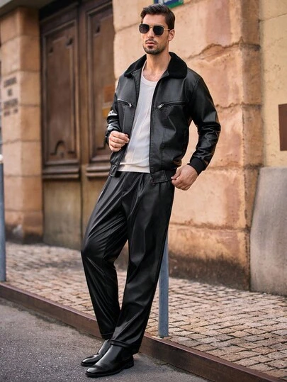 HIMLAND Klassisk, modern, avslappnad herrflygjacka, svart läderjacka, lös Vuitton-jacka för män, läderstreetwear-jacka för män, svart jacka, för hösten/vintern