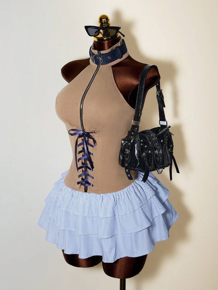 Mistrie 2025 女士新款性感无袖 V 领露肩时尚大胆女孩宽松泡泡袖连衣裙露肩露背上衣和连衣裙，颜色拼布迷你连衣裙 - 棕色 - 查看 1