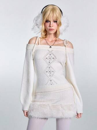 ROMWE Avant Suéter de punto suave con ajuste ceñido, estilo universitario Y2K, con patrón de argyle, hombros descubiertos y lazo para mujer