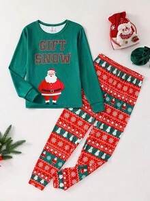 SHEIN Tween Boy Christmas Element Pattern Snug Fit Comfortable Long Sleeve Crew Neck Pajama Set, Suitable For Autumn/Winter - Green - View 3