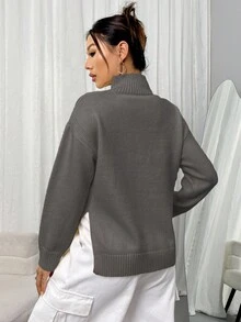 SHEIN LUNE 女式休闲纯色立领侧开衩毛衣，秋冬 - 深灰色 - 查看 2
