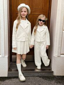 SHEIN Elladie kids Conjunto de jaqueta curta com gola confortável e calça comprida casual para meninas - Branco - Ver 2