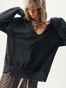 Bohemela Moletom Feminino Casual de Cor Sólida, Decote em V, Manga Longa, Caimento Solto, Roupas de Outono e Inverno para Mulheres - Preto - Visão 2