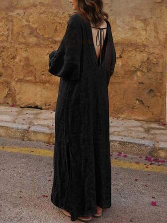 Cévolie 女士休闲日常纯色优雅浪漫露背长袖连衣裙，适合度假