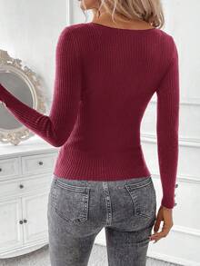 SHEIN Clasi Women's Black Crew Neck Long Sleeve Knit Sweater With Metal Button Cuffs Autumn Winter Clothes For Women,Fall,Fall Clothes For Women