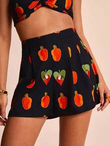 CAJUNI Women's Casual Beach Vacation Tropical Boho Style Colorful Parrot And Cashew Fruit Print Shorts