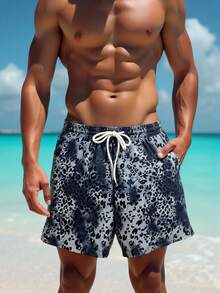 Manfinity Swimmode Men's Casual Leopard Print Drawstring Waist Pocket Beach Shorts