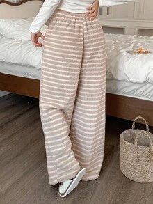 DAZY 女士条纹柔软毛绒宽松睡裤，冬季 - 卡其色 - 查看 2
