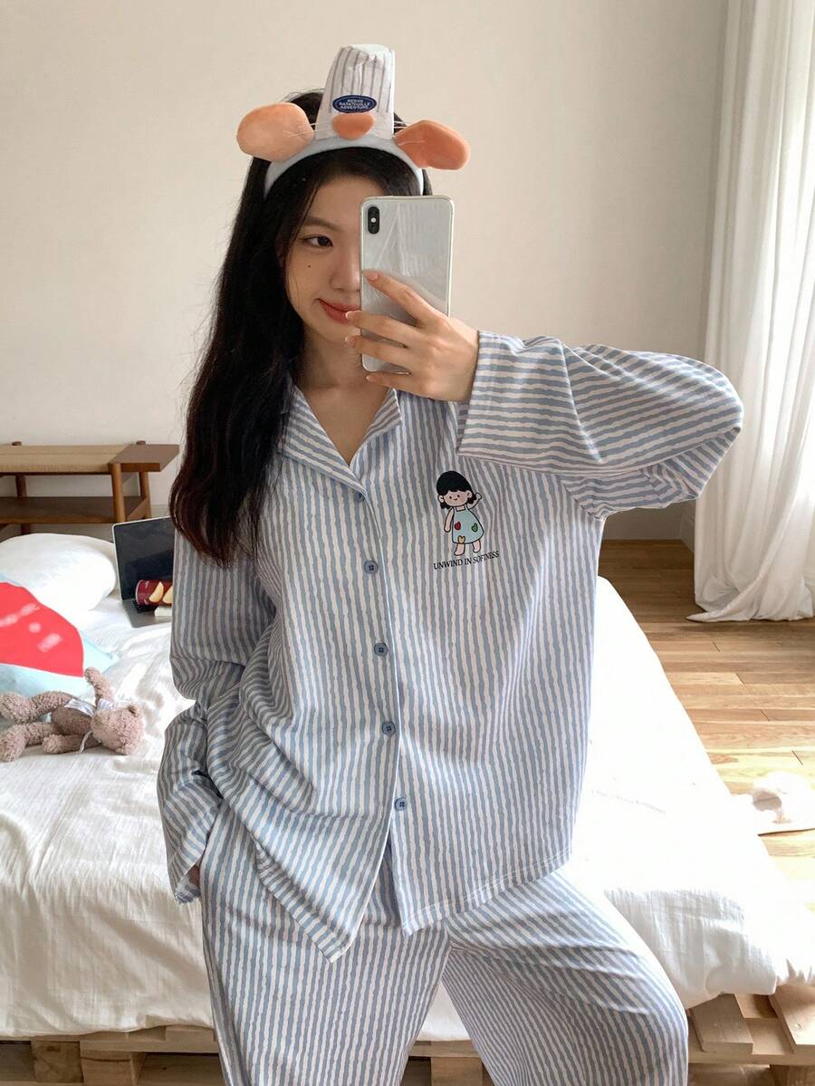 DAZY 卡通女孩英文图案条纹宽松长袖和裤子两件套女士睡衣套装，秋季衣服 - 藍色 - 查看 1