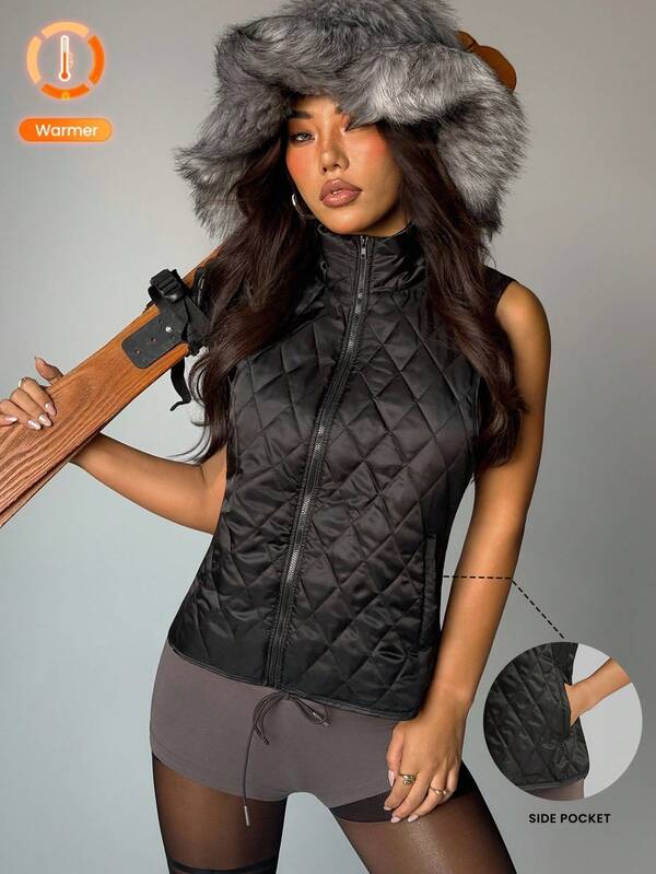 Dewbera Veste matelassée sans manches à zip avant avec motif diamant pour femmes, convient pour le port casual quotidien, la course, le tennis, le golf, l'automne/l'hiver