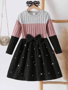 年轻女孩三色蝴蝶结装饰珍珠缀饰长袖休闲连衣裙，适合日常穿着，春秋季 - 彩色 - 查看 3