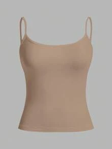 SHEIN PETITE CURVE Áo ba lỗ bó sát thường ngày cỡ lớn dành cho nữ (dây mảnh) - màu nâu - Xem 4