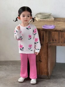 SHEIN Bebeluși/fetițe, 0-3 ani, primăvară/vară, casual, drăguț cu imprimeu de fructe și pere, guler rotund, mânecă lungă, hanorac + colanți cu nervuri, set