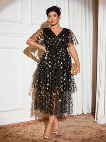 Cravure 2025 Plus Size Women's Elegant Vintage Colorblock Polka Dot Layered Maxi Dress With Neck Tie, Suitable For Back To School, Graduation, Valentine's Day, Music Festival, Mother's Day, Halloween, Thanksgiving, Easter, National Day, Prom, Date, Party, Wedding, Outdoor Activities