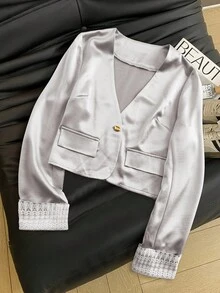 SHEIN Franclia Autumn Loose Casual Lace Patchwork V-Neck Blazer - Silver - View 6