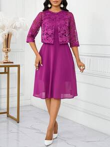 SHEIN Lady 女士优雅纯色蕾丝无袖上衣和连衣裙两件套，夏季生日和活动礼服/办公室礼服/教堂礼服/婚礼礼服/节日礼服/ - 紫色 - 查看 4