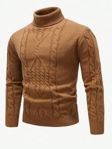 Manfinity Mode 男士休闲粗针织高领长袖毛衣，秋冬 - 駝色 - 查看 3