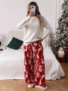 Louniche Women's Loose Fit Christmas Fuzzy Snowflake & Deer Print Pants - Red - View 6