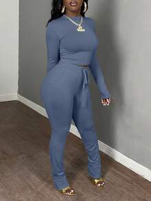 Slaydiva 2 件套女士休闲基本款秋冬圆领长袖紧身短款上衣和抽绳松紧腰紧身裤运动服套装 - 水鴨藍 - 查看 7