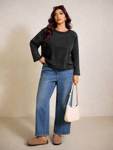 Elaquor 大码女式宽松休闲T恤，圆领，落肩，长袖，后幅网眼面料，仿珍珠装饰 - 黑色 - 查看 4