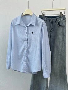 Elamini 1 pieza Camisa de mujer casual de manga larga con botones, estampado de rayas y bordado, estilo minimalista para uso diario, primavera/otoño - Azul - Ver 4