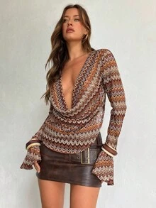 Aloruh Women's Faux Fur Wavy Striped Plunging Neck Long Sleeve Flare Cuff Backless Tie Back Blouse