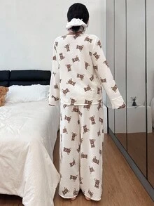 SHEIN 泡泡雪纺小熊印花V领上衣长裤睡衣套装，泰迪熊睡衣套装，咖啡色睡衣，秋冬两件套睡衣套装 - 杏色 - 查看 2