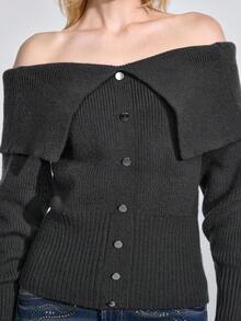 ROMWE J-Fashion Women's Solid Color Off Shoulder Long Sleeve Button Design Fashion Sweater, Autumn/Winter - Grey - View 4