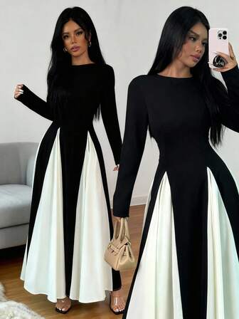 Rafferiza Color Block Long Sleeve Round Neck Patchwork Casual & Office Dress, Suitable For Gatherings, Autumn/Winter Maxi Women Outfit