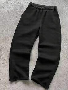 Manfinity Dauomo Unisex Loose Straight-Leg Pants - Elastic Drawstring Belt, All-Season Street Style Casual Trousers, Suitable For Both Daily And Formal Wear, Machine Washable And Versatile Clothing, Durable And Wear-Resistant Embroidery Design, Urban Style - Black - View 2