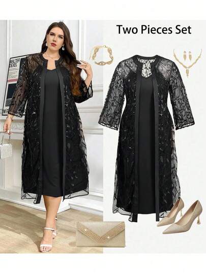 Ellevyn Plus Size Women Solid Color Round Neck Lace Sheer Midi Dress With Slip Dress 2 Pieces Set