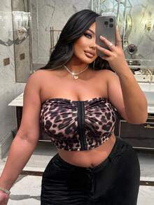 SHEIN LUNE Sexy Everyday Pleated Front Button Leopard Print Plus Size Tube Top - Brown - View 4