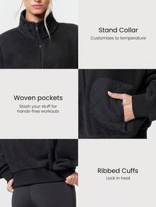 GLOWMODE Chaqueta bomber de forro polar con cuello alto, puños y bajo acanalados, de peso ligero, cálida y suave como una nube, de corte relajado, para otoño e invierno, para uso diario y casual al aire libre - Negro - Ver 3