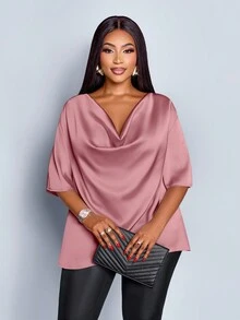 SOLERSUN Áo cánh dơi cổ tròn màu trơn thanh lịch thời trang cỡ lớn cho nữ mùa hè sành điệu và tinh tế - Bụi hồng - Xem 4