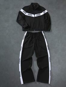 PAVTROS بدلة رجالية مكونة من جاكيت وبنطلون مع تصميم لوني متباين ومطبوع عليه حرف، ملابس خريفية